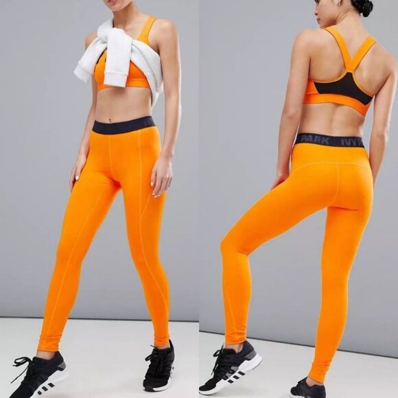 Ivy Park Beyonce Orange High Rise Leggings Size Medium Active Logo Waist Pants M - Picture 1 of 11